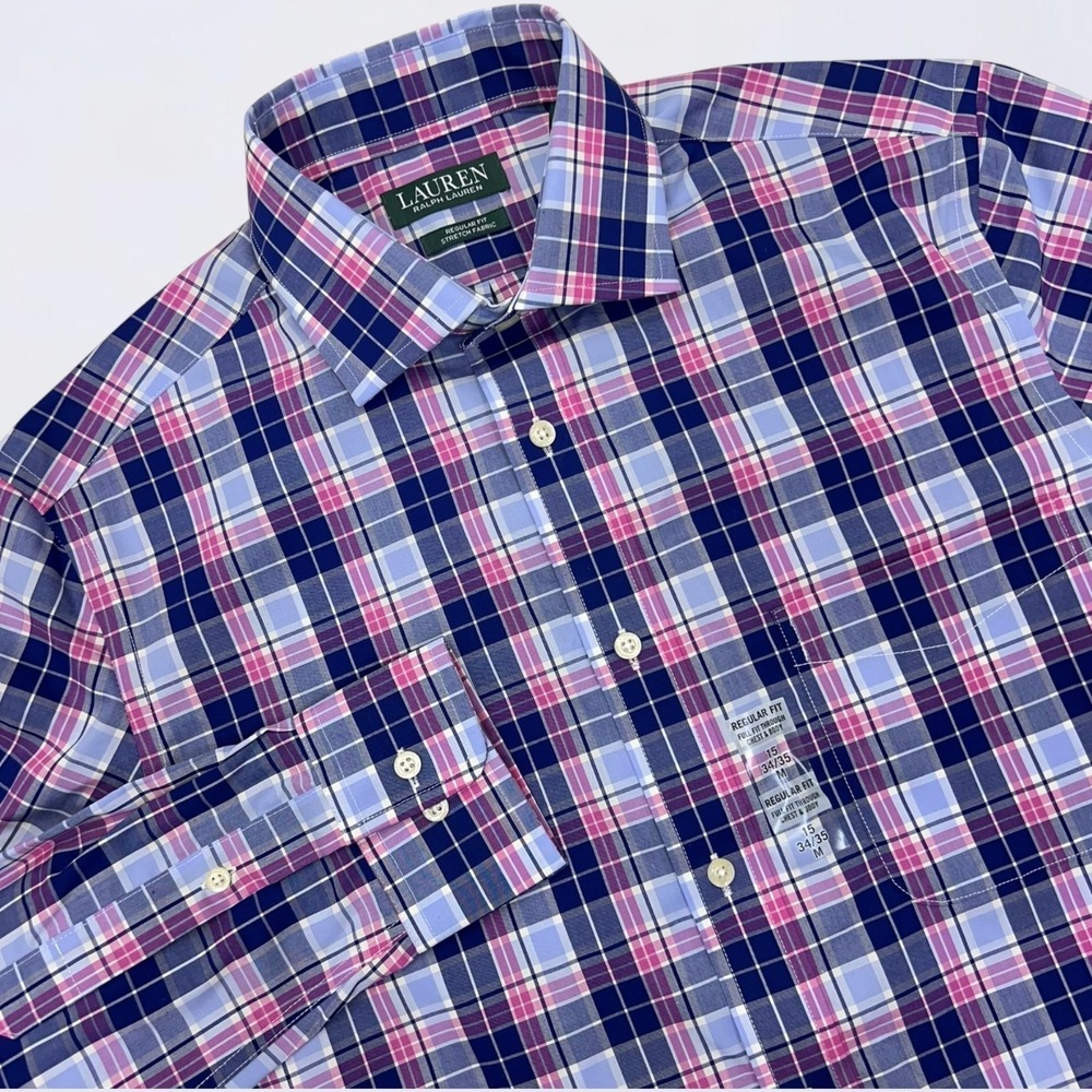 Lauren Ralph Lauren Dress Shirt Mens 15 Blue Pink Plaid Regular Fit Stretch NWT‎